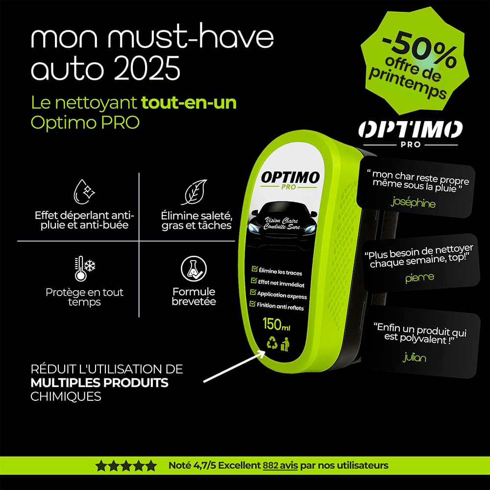 Nettoyant voiture tout-en-un Optimo PRO avec effet deperlant anti-pluie et anti-bue, elimine taches et saletes, protege en tout temps – offre -50 pourcent printemps.