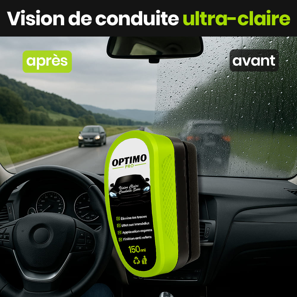 Before/after comparison of Optimo™ PRO water-repellent treatment on car windscreens - blurred vision with rain on the left, clear, sharp visibility on the right thanks to the hydrophobic effect.