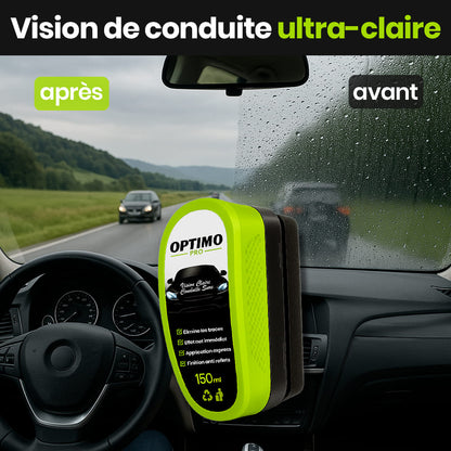 Before/after comparison of Optimo™ PRO water-repellent treatment on car windscreens - blurred vision with rain on the left, clear, sharp visibility on the right thanks to the hydrophobic effect.