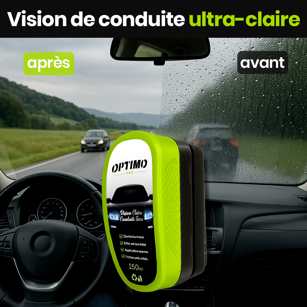 Before/after comparison of Optimo™ PRO water-repellent treatment on car windscreens - blurred vision with rain on the left, clear, sharp visibility on the right thanks to the hydrophobic effect.