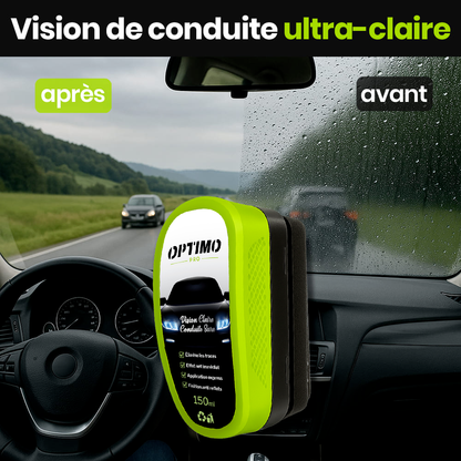 Before/after comparison of Optimo™ PRO water-repellent treatment on car windscreens - blurred vision with rain on the left, clear, sharp visibility on the right thanks to the hydrophobic effect.