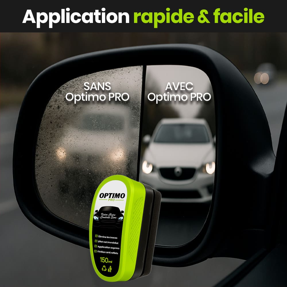 Comparison on car mirror with and without Optimo™ PRO - on the left fogged and blurred glass, on the right clear vision thanks to the water-repellent and anti-fogging effect of the hydrophobic treatment.