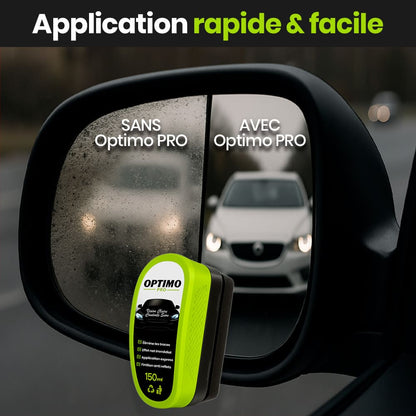 Comparison on car mirror with and without Optimo™ PRO - on the left fogged and blurred glass, on the right clear vision thanks to the water-repellent and anti-fogging effect of the hydrophobic treatment.