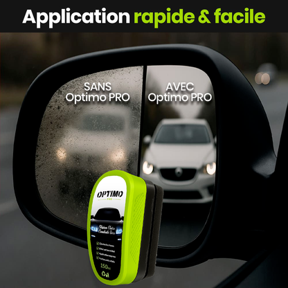 Comparison on car mirror with and without Optimo™ PRO - on the left fogged and blurred glass, on the right clear vision thanks to the water-repellent and anti-fogging effect of the hydrophobic treatment.