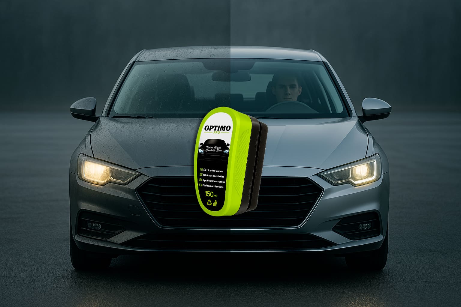 banniere optimo pro avec comparatif pare-brise avant apres traitement – vision claire sous la pluie grace a l effet deperlant et anti-traces du nettoyant voiture