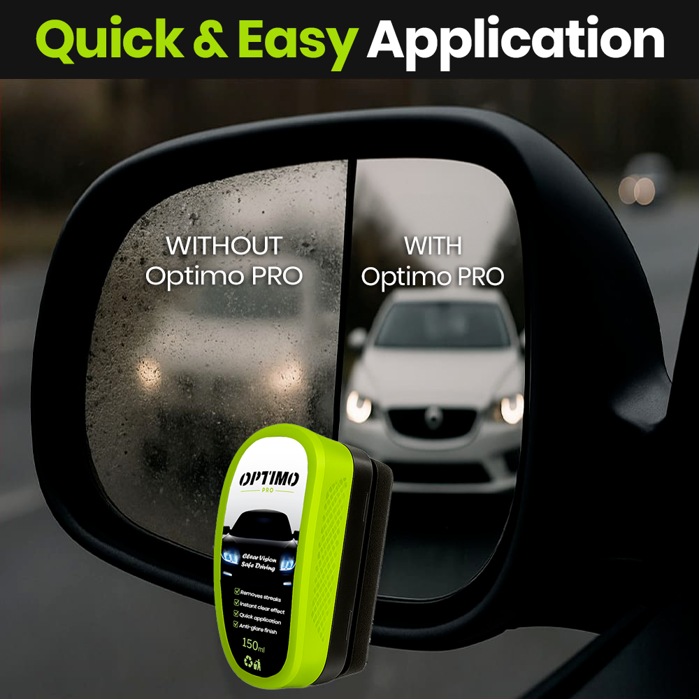 Comparison on a car mirror with and without Optimo™ PRO - foggy and blurry glass on the left, clear vision on the right thanks to the hydrophobic treatment's anti-fog and water-repellent effect.
