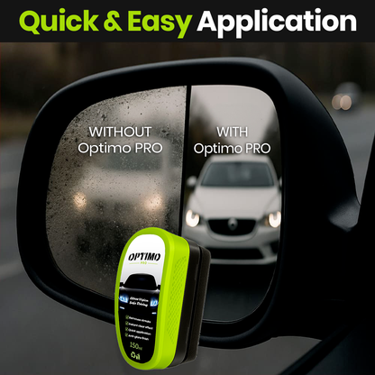 Comparison on a car mirror with and without Optimo™ PRO - foggy and blurry glass on the left, clear vision on the right thanks to the hydrophobic treatment's anti-fog and water-repellent effect.