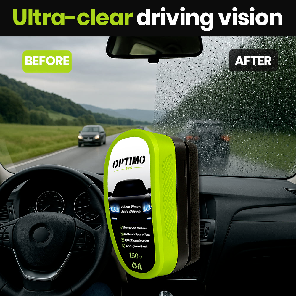 Before/after comparison of the Optimo™ PRO water-repellent windshield treatment - blurry vision in rain on the left, clear visibility on the right thanks to the hydrophobic effect.