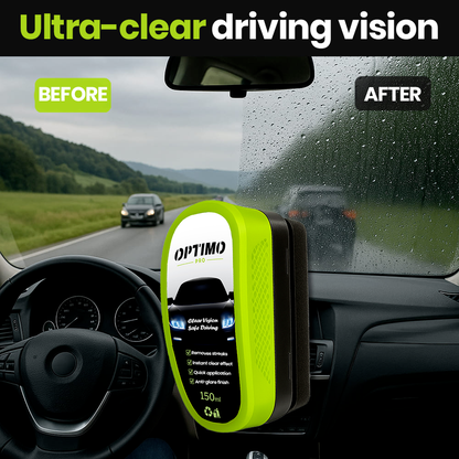 Before/after comparison of the Optimo™ PRO water-repellent windshield treatment - blurry vision in rain on the left, clear visibility on the right thanks to the hydrophobic effect.