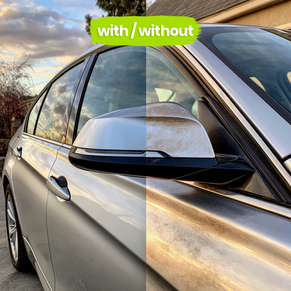 Comparison with and without Optimo™ PRO Ceramic Spray on car bodywork - shiny and protected surface on the left, dull and dirty paint on the right. Mirror-like effect and hydrophobic protection visible instantly.