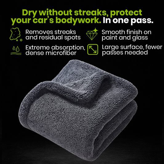 Optimo™ PRO Drying Towel made with ultra-absorbent microfiber - removes water spots and streaks in a single pass. Delivers a flawless finish on bodywork and glass thanks to its dense, soft texture, reducing the number of passes needed for fast, effortless drying.