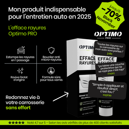 Efface Rayures Optimo™ PRO – produit rénovateur pour carrosserie éliminant micro-rayures et défauts de peinture. Offre spéciale Black November jusqu’à -70 %.