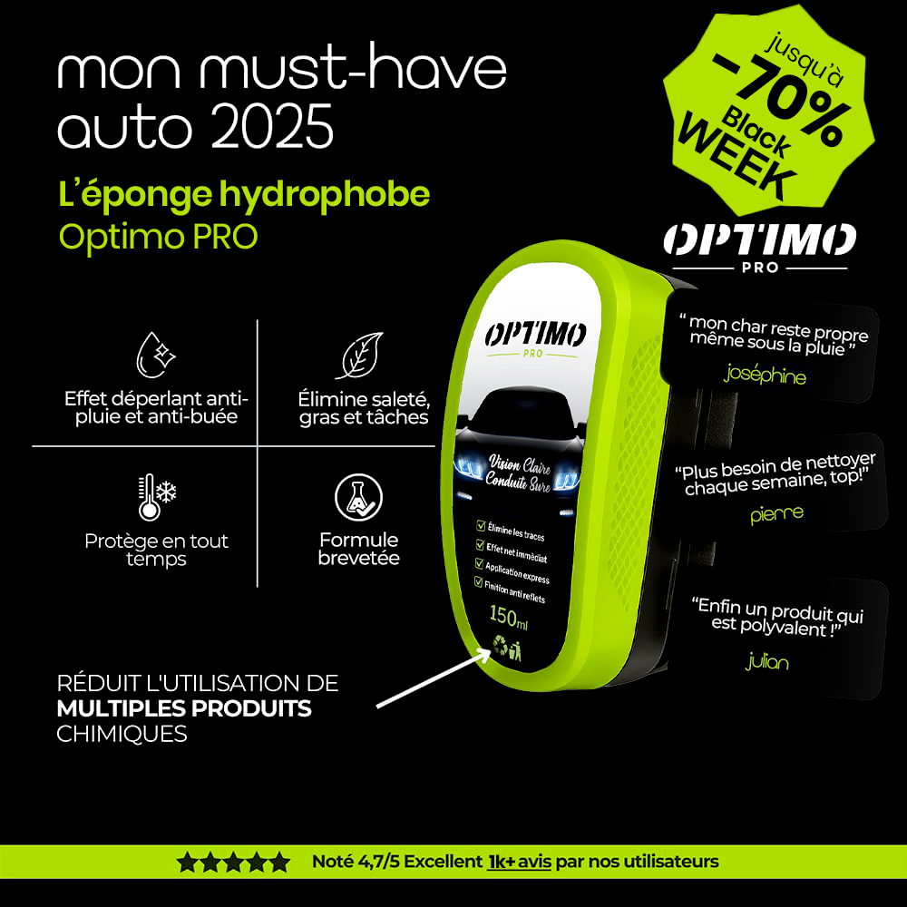 Éponge Hydrophobe Optimo™ PRO – nettoyant tout-en-un pour pare-brise et vitres, effet anti-pluie et anti-buée instantané. Offre Black Week jusqu’à -70 %.