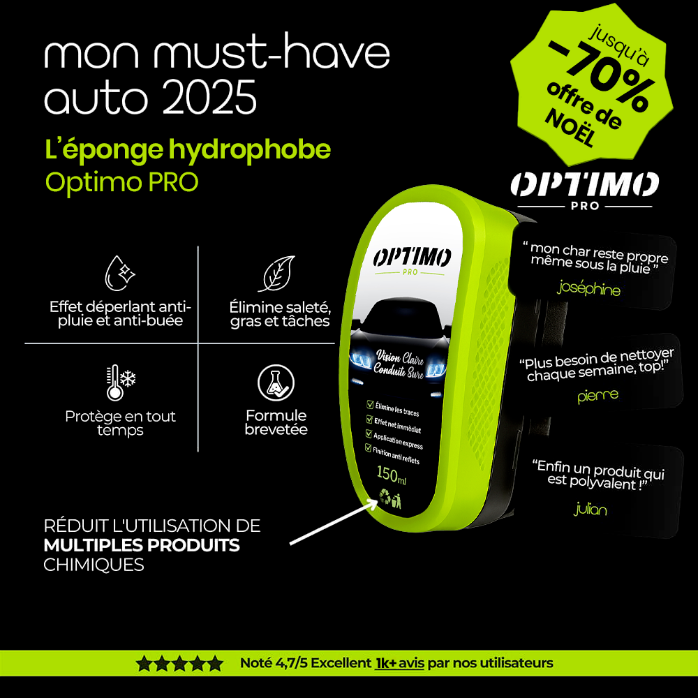 Éponge Hydrophobe Optimo™ PRO – nettoyant tout-en-un pour pare-brise et vitres, effet anti-pluie et anti-buée instantané. Offre de Noël jusqu’à -70 %.