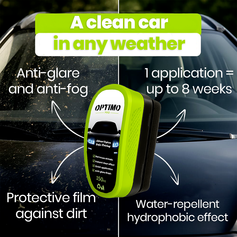 Optimo™ PRO Hydrophobic Sponge - all-in-one car glass cleaner with hydrophobic, anti-fog, and anti-glare effect. Creates a protective layer against dirt lasting up to 8 weeks.