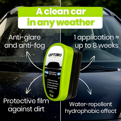 Optimo™ PRO Hydrophobic Sponge - all-in-one car glass cleaner with hydrophobic, anti-fog, and anti-glare effect. Creates a protective layer against dirt lasting up to 8 weeks.