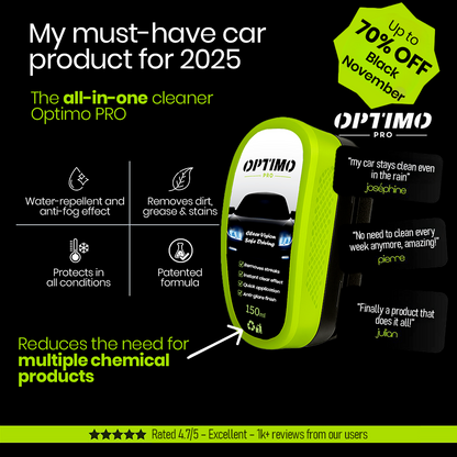 Optimo™ PRO Hydrophobic Sponge - all-in-one cleaner for windshields and windows with instant rain-repellent, anti-fog effect. Black November offer up to 70% off.