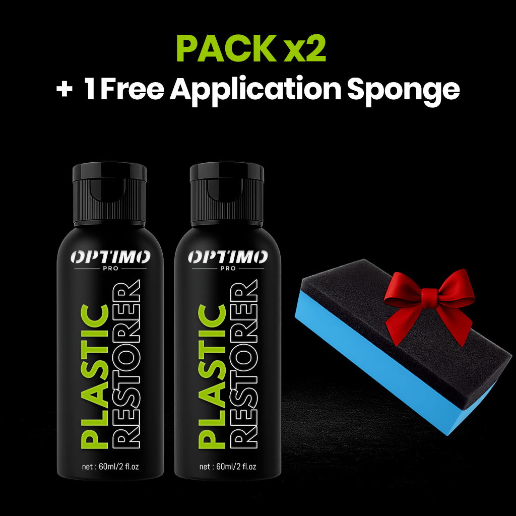 Optimo™ PRO Plastic Restorer Pack x2 with a free application sponge. Ideal for restoring and protecting interior and exterior car plastics-revives color, brings back a like-new finish, and provides long-lasting protection against water, dust, and UV rays.