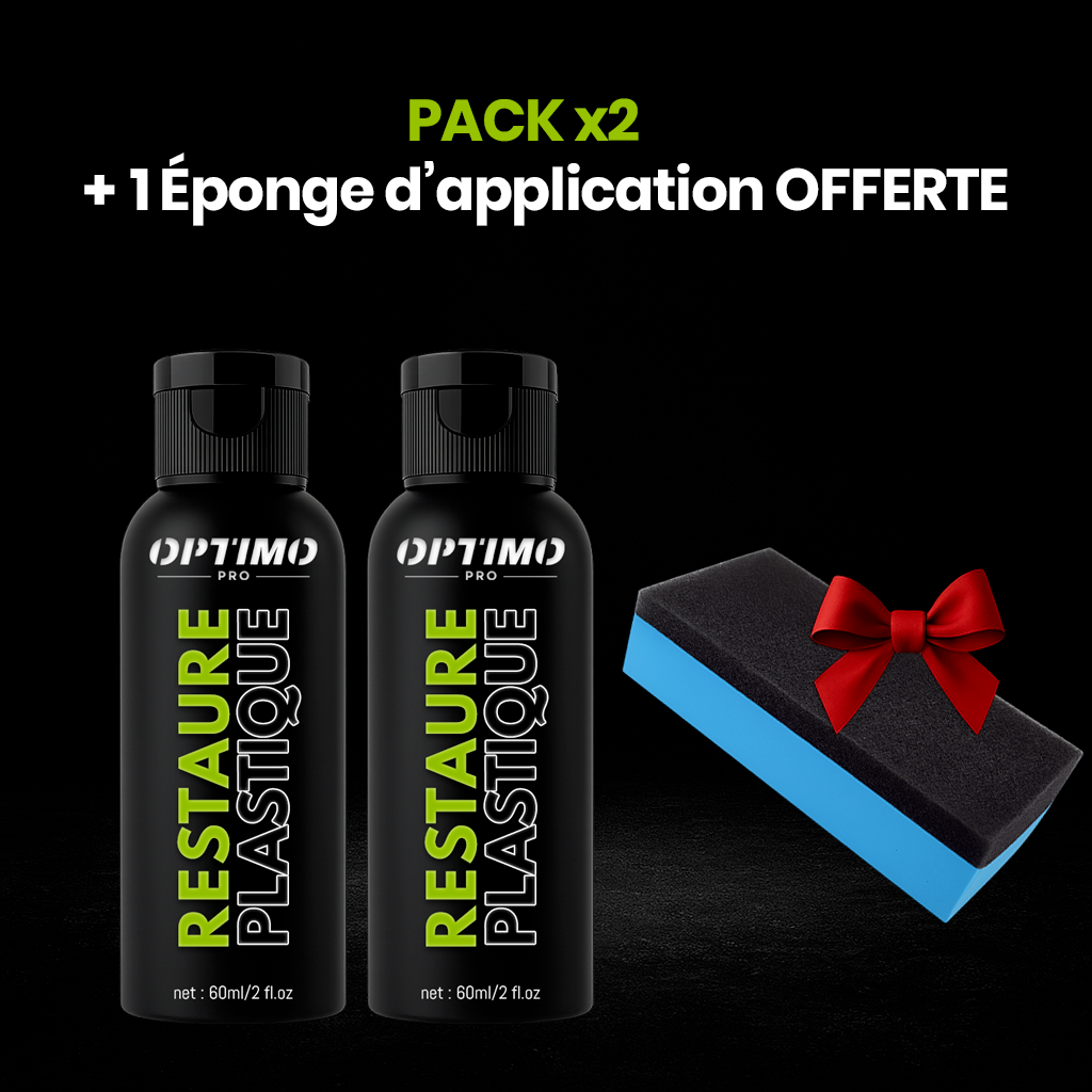 Pack de 2 flacons de Restaure Plastique Optimo™ PRO avec une éponge d’application offerte. Idéal pour restaurer et protéger les plastiques intérieurs et extérieurs de la voiture. Ravive la couleur, redonne un aspect neuf et assure une protection durable contre l’eau, la poussière et les UV.