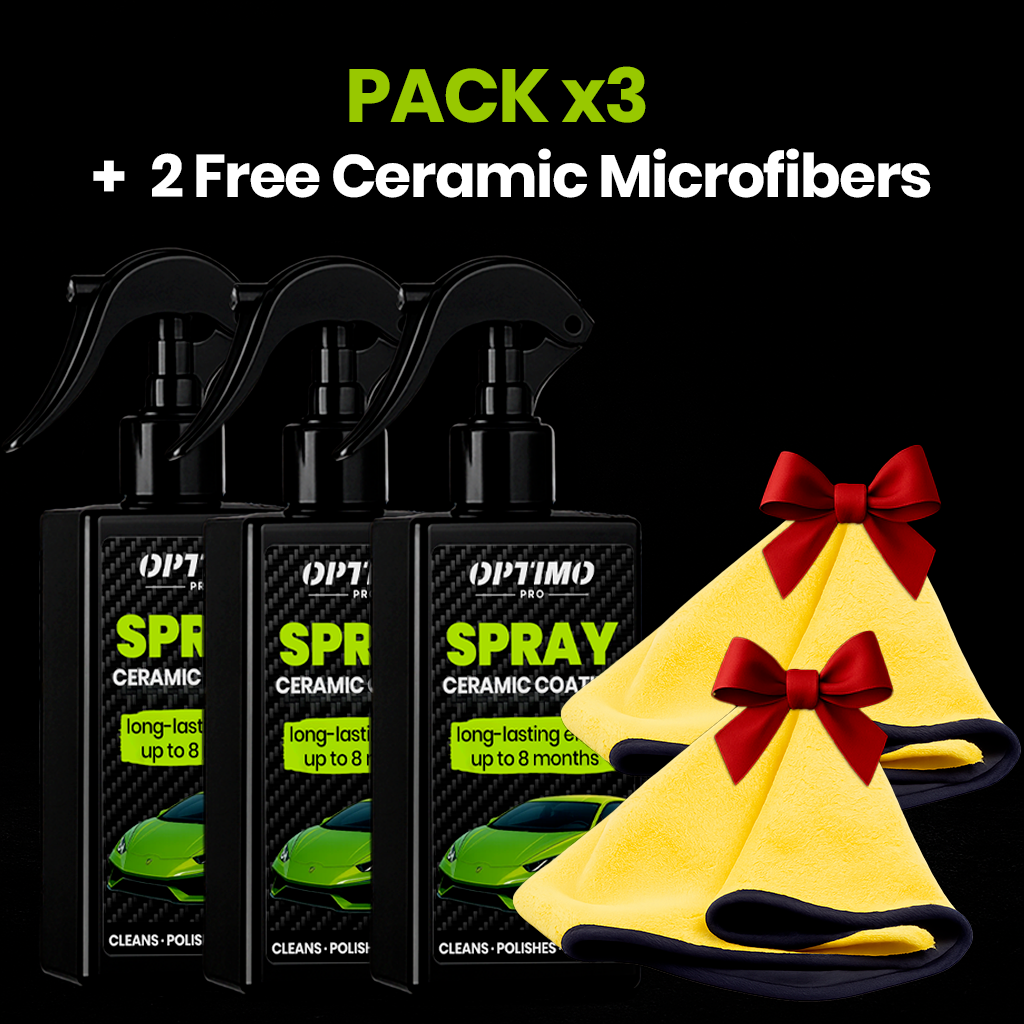 Optimo™ PRO Ceramic Spray Pack x3 - hydrophobic ceramic coating for cars with up to 8 months of protection and intense mirror shine. Includes 2 free ceramic microfibers for easy application.