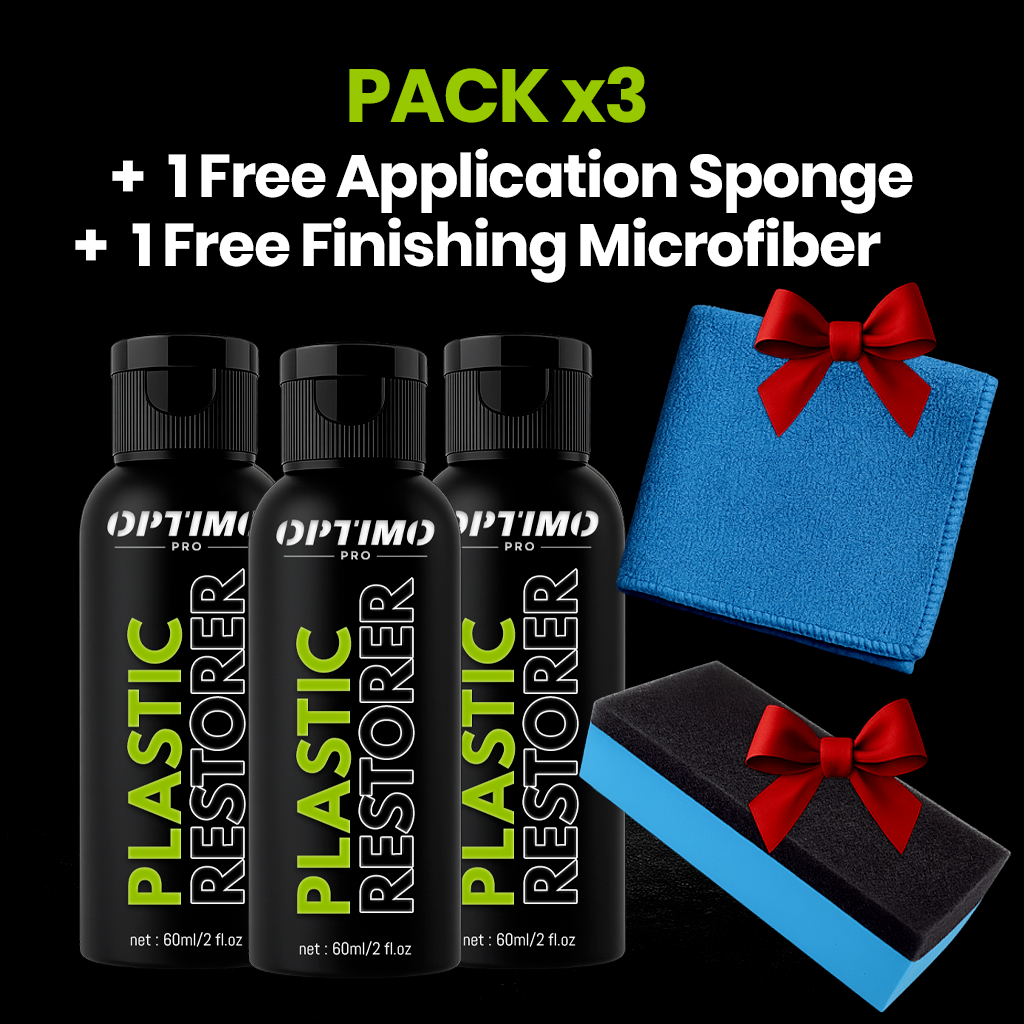 Optimo™ PRO Plastic Restorer Pack x3 with a free application sponge and finishing microfiber. Ideal for restoring deep black color and gloss to faded plastics, protecting against UV, dust, and moisture, and bringing a like-new look to interior and exterior surfaces.