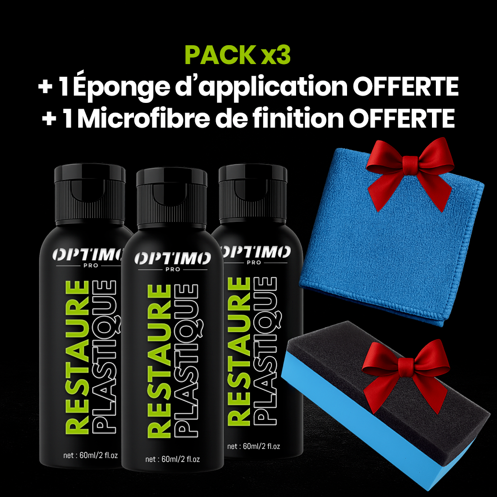Pack de 3 flacons de Restaure Plastique Optimo™ PRO avec une éponge d’application et une microfibre de finition offertes. Idéal pour restaurer la couleur noire et l’éclat des plastiques ternis, protéger contre les UV, la poussière et l’humidité, et redonner un aspect neuf aux surfaces intérieures et extérieures.