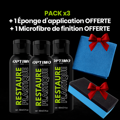 Pack de 3 flacons de Restaure Plastique Optimo™ PRO avec une éponge d’application et une microfibre de finition offertes. Idéal pour restaurer la couleur noire et l’éclat des plastiques ternis, protéger contre les UV, la poussière et l’humidité, et redonner un aspect neuf aux surfaces intérieures et extérieures.