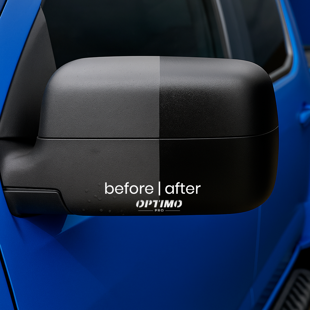 Before and after comparison of Optimo™ PRO Plastic Restorer applied on a black car mirror - the left side is dull and faded, while the right side regains a deep, glossy black finish. Interior and exterior car plastic restoration product.