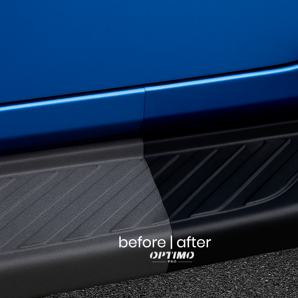 Before/after comparison of Optimo™ PRO Plastic Restorer on a car side skirt - dull and grey surface on the left, revived, deep black, and shiny on the right. Instant result after application with long-lasting protection against wear and dirt.