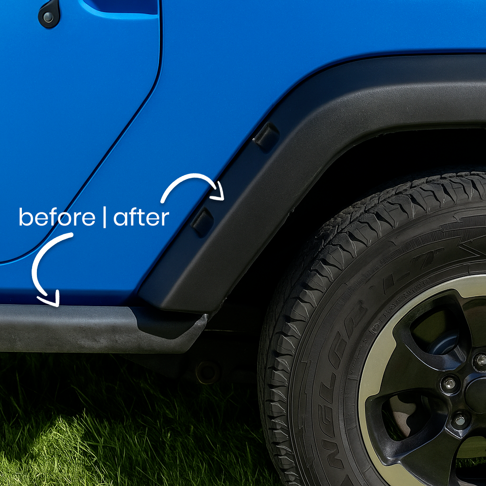 Before/after comparison of Optimo™ PRO Plastic Restorer on a vehicle's exterior plastics - dull, grey surface on the left; deep, uniform black on the right. Long-lasting restorer for bumpers and fender trims.