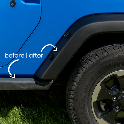 Before/after comparison of Optimo™ PRO Plastic Restorer on a vehicle's exterior plastics - dull, grey surface on the left; deep, uniform black on the right. Long-lasting restorer for bumpers and fender trims.