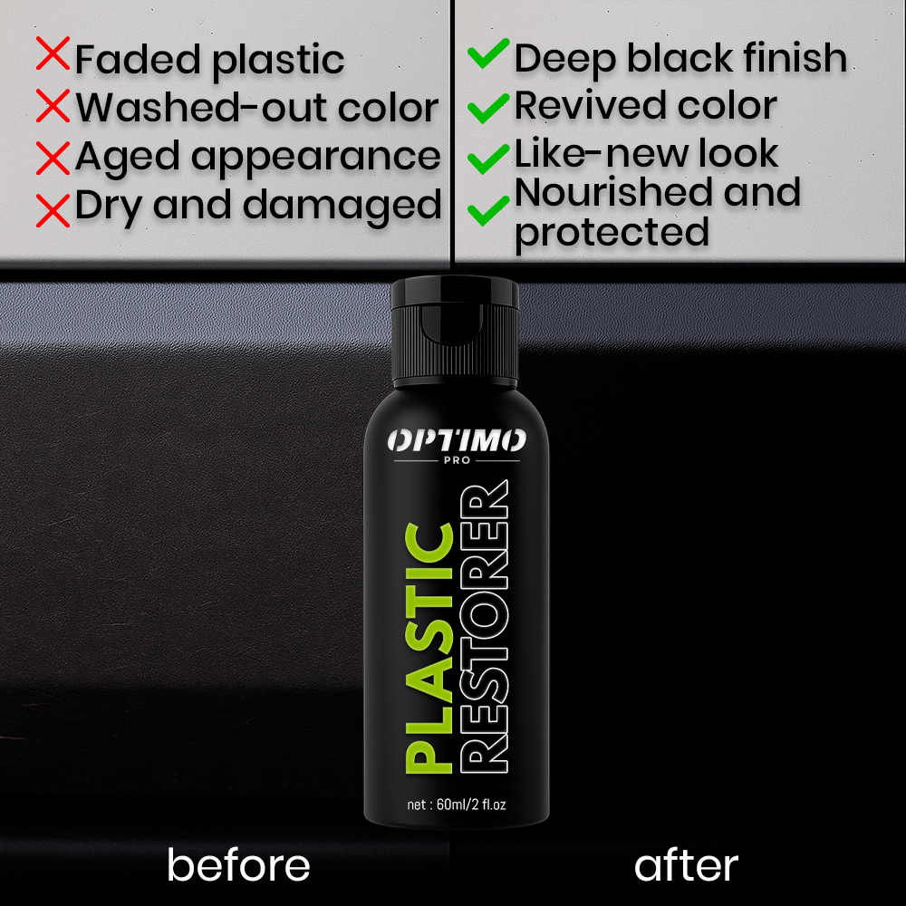 Before and after comparison of Optimo™ PRO Plastic Restorer - on the left, dull, faded, and aged plastic; on the right, deep black, shiny, and revitalized surface, nourished and protected long-term against wear and UV rays.
