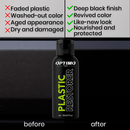 Before and after comparison of Optimo™ PRO Plastic Restorer - on the left, dull, faded, and aged plastic; on the right, deep black, shiny, and revitalized surface, nourished and protected long-term against wear and UV rays.