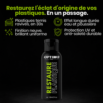 Optimo™ PRO Plastic Restorer displayed on a black background – revives faded plastics in 30 seconds, provides a like-new glossy finish, and offers long-lasting protection against water, dust, and UV rays.