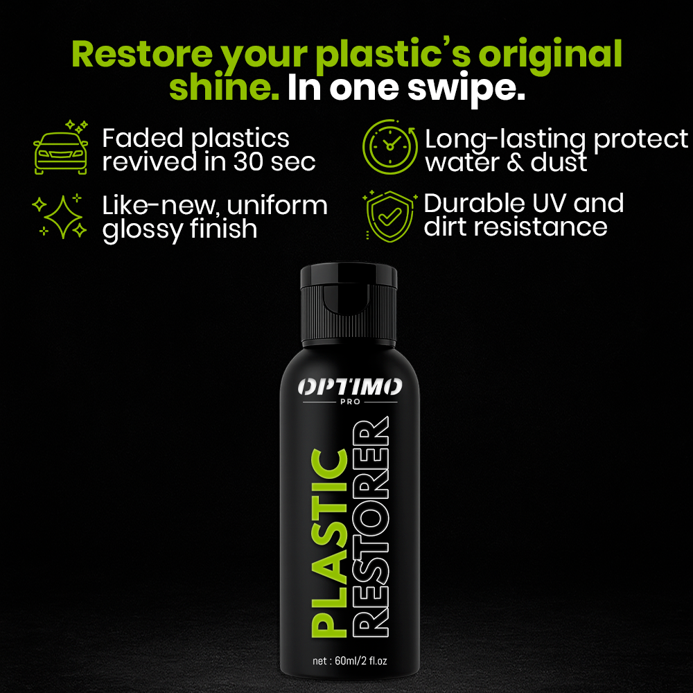 Optimo™ PRO Plastic Restorer displayed on a black background - revives faded plastics in 30 seconds, provides a like-new glossy finish, and offers long-lasting protection against water, dust, and UV rays.