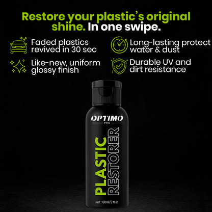Optimo™ PRO Plastic Restorer displayed on a black background - revives faded plastics in 30 seconds, provides a like-new glossy finish, and offers long-lasting protection against water, dust, and UV rays.