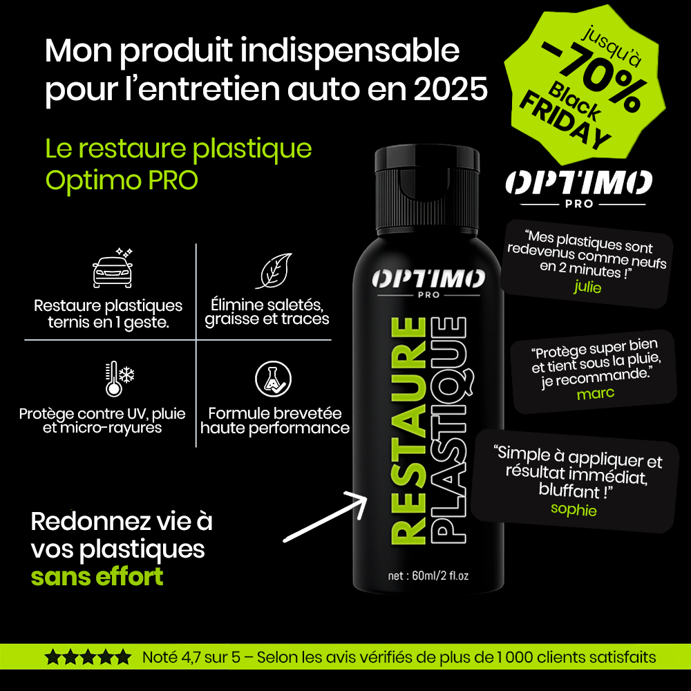 Restaure Plastique Optimo™ PRO – ravive la couleur et protège les plastiques intérieurs et extérieurs de votre voiture. Offre Black November jusqu’à -70 %.