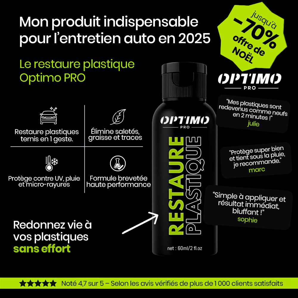 Restaure Plastique Optimo™ PRO – ravive la couleur et protège les plastiques intérieurs et extérieurs de votre voiture. Offre de Noël jusqu’à -70 %.