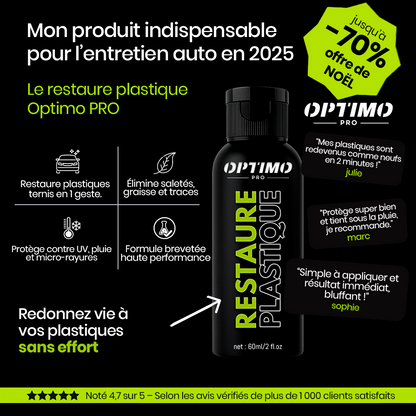 Restaure Plastique Optimo™ PRO – ravive la couleur et protège les plastiques intérieurs et extérieurs de votre voiture. Offre de Noël jusqu’à -70 %.