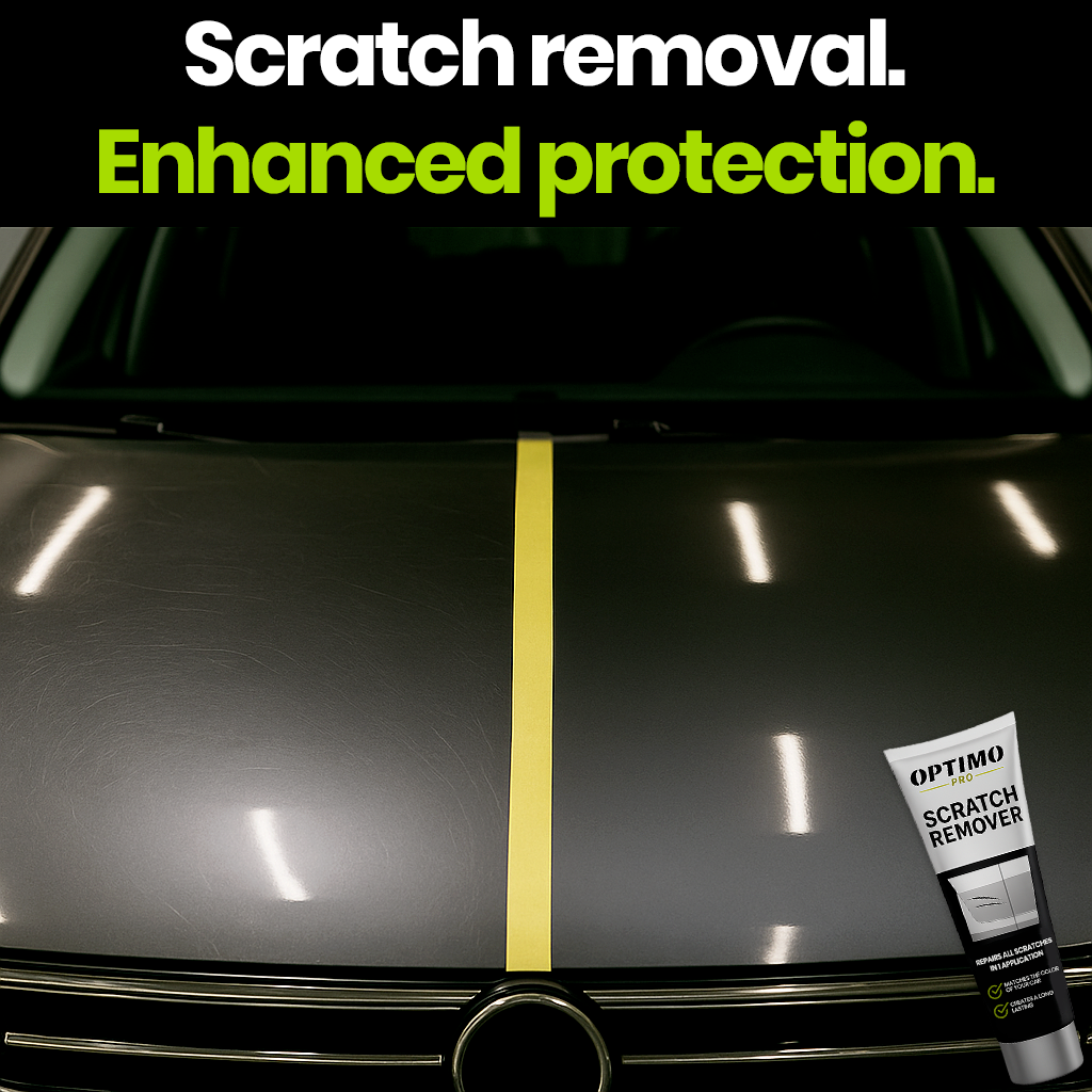 Before/after comparison of the Optimo™ PRO Scratch Remover on a car hood - visible removal of micro-scratches and restored shine, with enhanced clear coat protection.