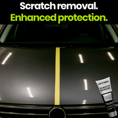 Before/after comparison of the Optimo™ PRO Scratch Remover on a car hood - visible removal of micro-scratches and restored shine, with enhanced clear coat protection.