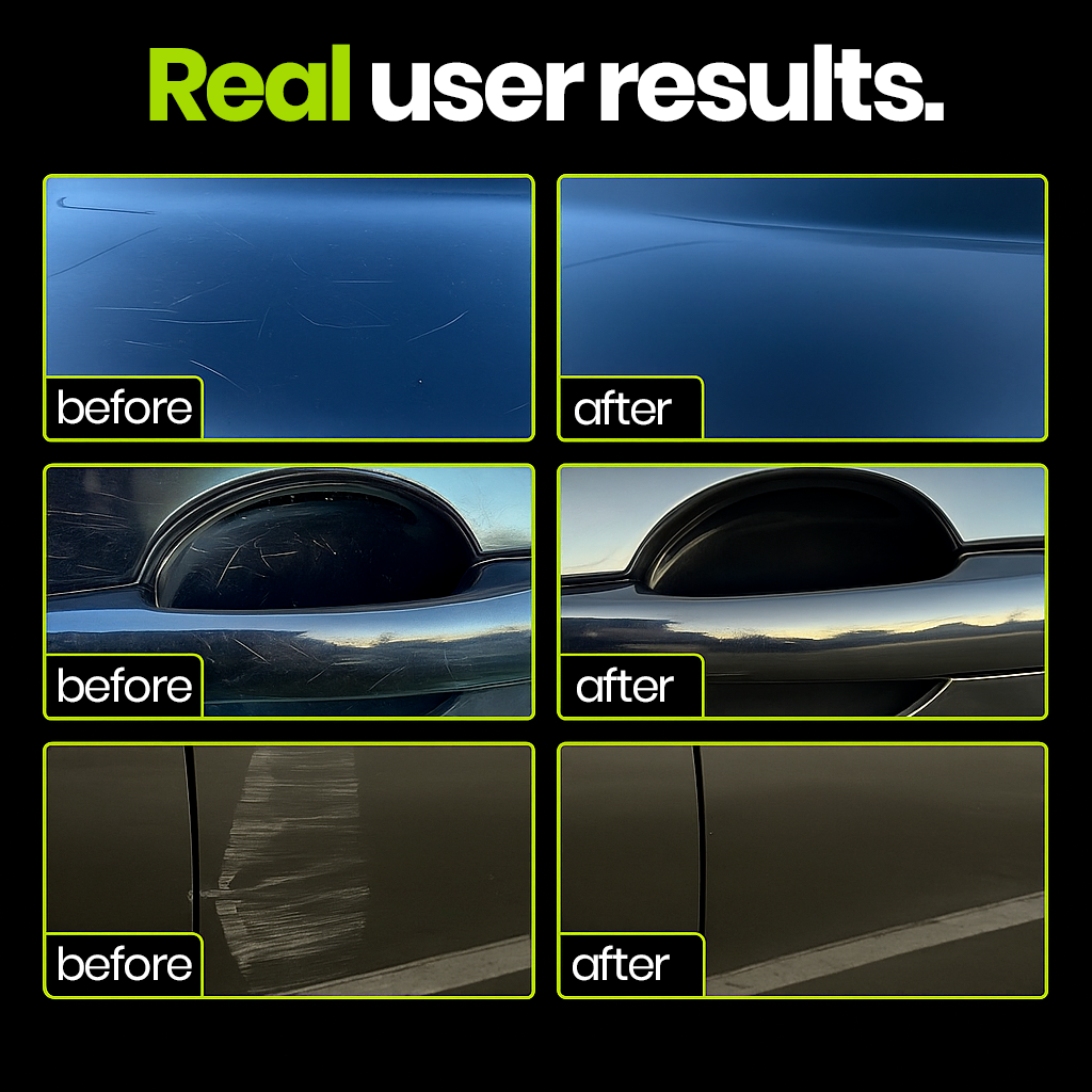 Real results of the Optimo™ PRO Scratch Remover on car bodywork - before/after comparisons showing the disappearance of scratches and restored shine on paint and handles.