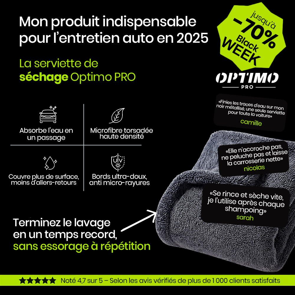 Serviette de Séchage Optimo™ PRO – microfibre ultra-absorbante pour un séchage sans traces et sans effort. Offre Black Week jusqu’à -70 %.