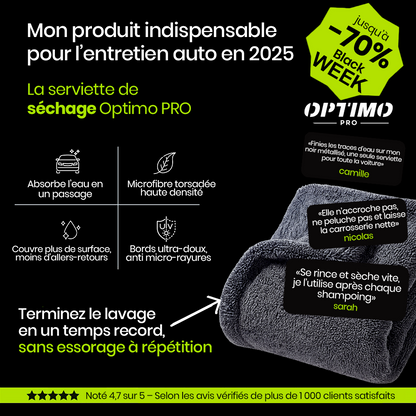 Serviette de Séchage Optimo™ PRO – microfibre ultra-absorbante pour un séchage sans traces et sans effort. Offre Black Week jusqu’à -70 %.