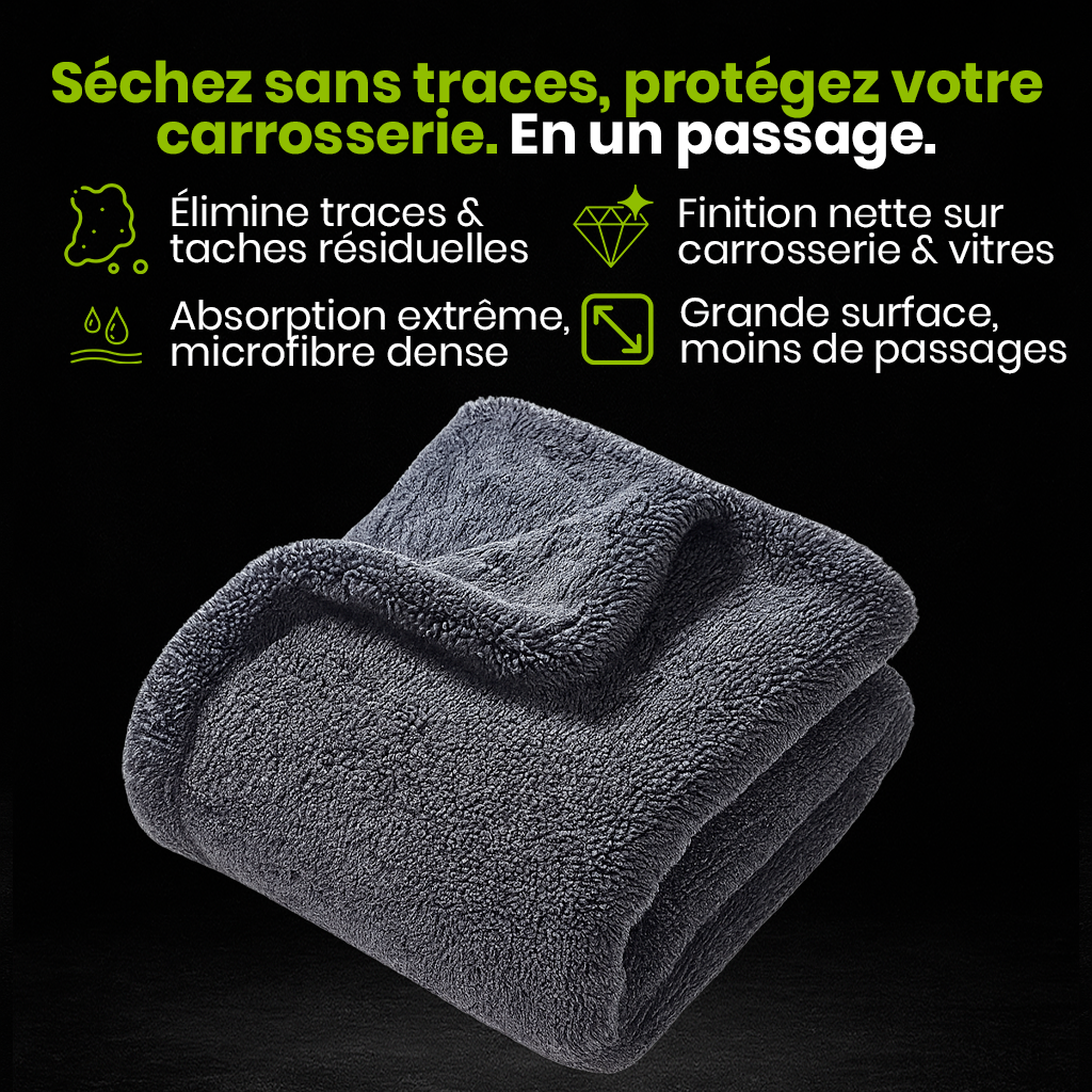 Serviette de séchage Optimo™ PRO en microfibre ultra absorbante, conçue pour éliminer les traces et taches d’eau en un passage. Offre une finition parfaite sur carrosserie et vitres grâce à sa texture dense et douce, tout en réduisant le nombre de passages nécessaires pour un séchage rapide et sans effort.