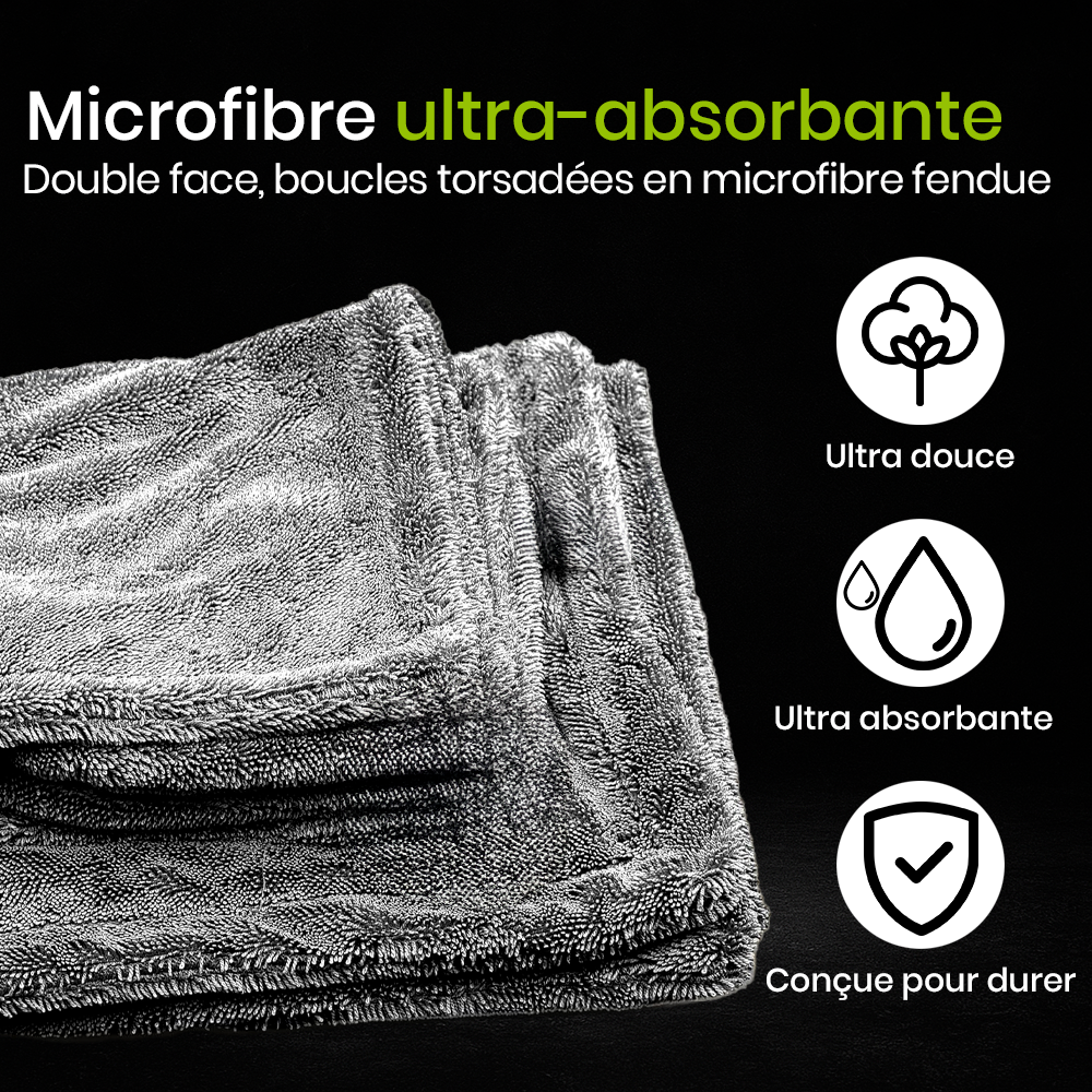 Serviette de Séchage Optimo™ PRO en microfibre double face torsadée ultra absorbante. Conçue pour une douceur maximale, elle élimine l’eau sans rayer la carrosserie et offre une durabilité exceptionnelle grâce à sa densité de fibres haute qualité.