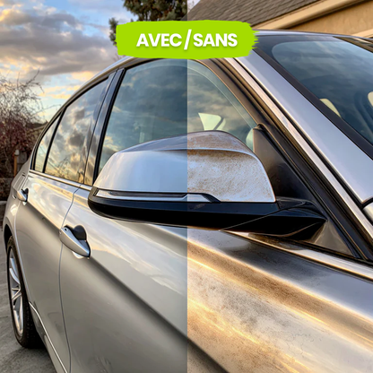 Comparison with and without Optimo™ PRO Ceramic Spray on bodywork - left: shiny, protected surface, right: dull, dirty paintwork. Immediately visible mirror effect and hydrophobic protection.