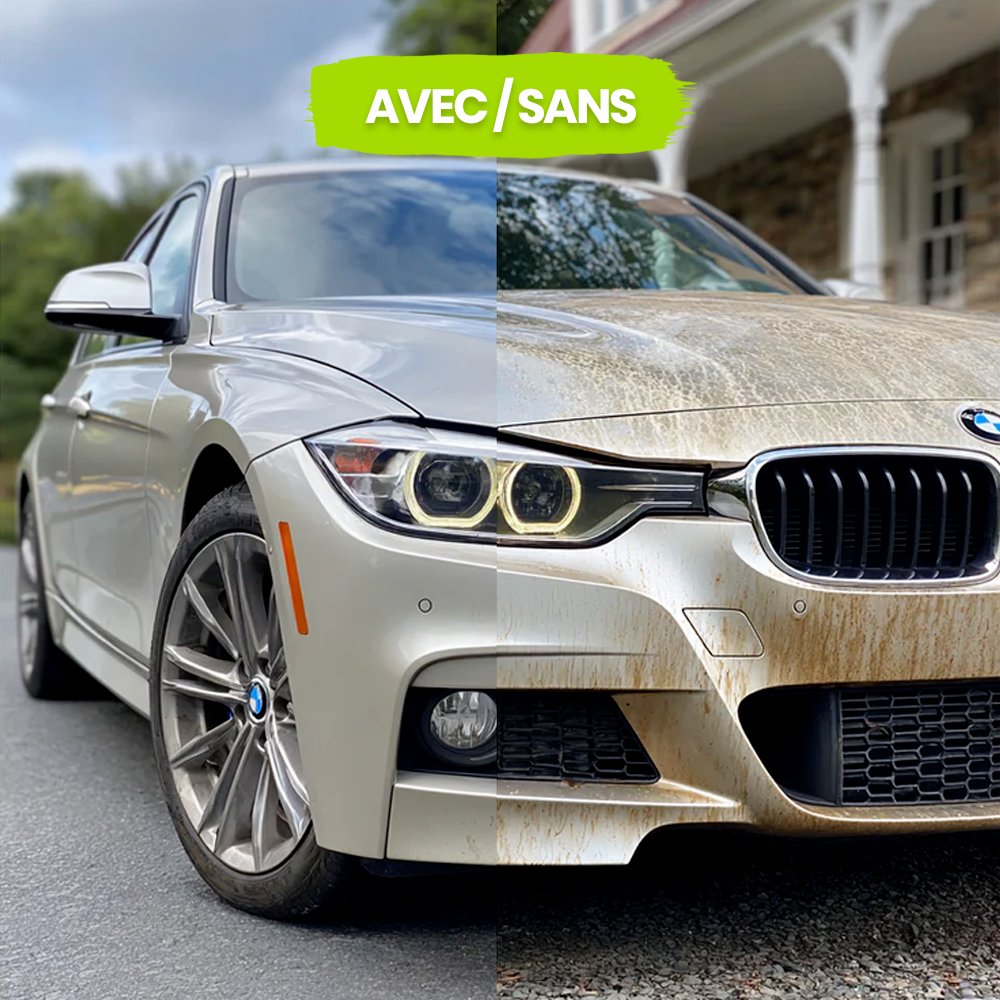 Comparison with and without Optimo™ PRO Ceramic Spray - on the left shiny, clean bodywork thanks to hydrophobic protection, on the right dirty, tarnished surface. Instantly visible water-repellent effect.