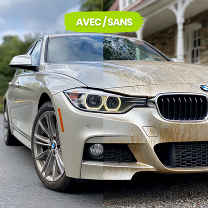Comparison with and without Optimo™ PRO Ceramic Spray - on the left shiny, clean bodywork thanks to hydrophobic protection, on the right dirty, tarnished surface. Instantly visible water-repellent effect.