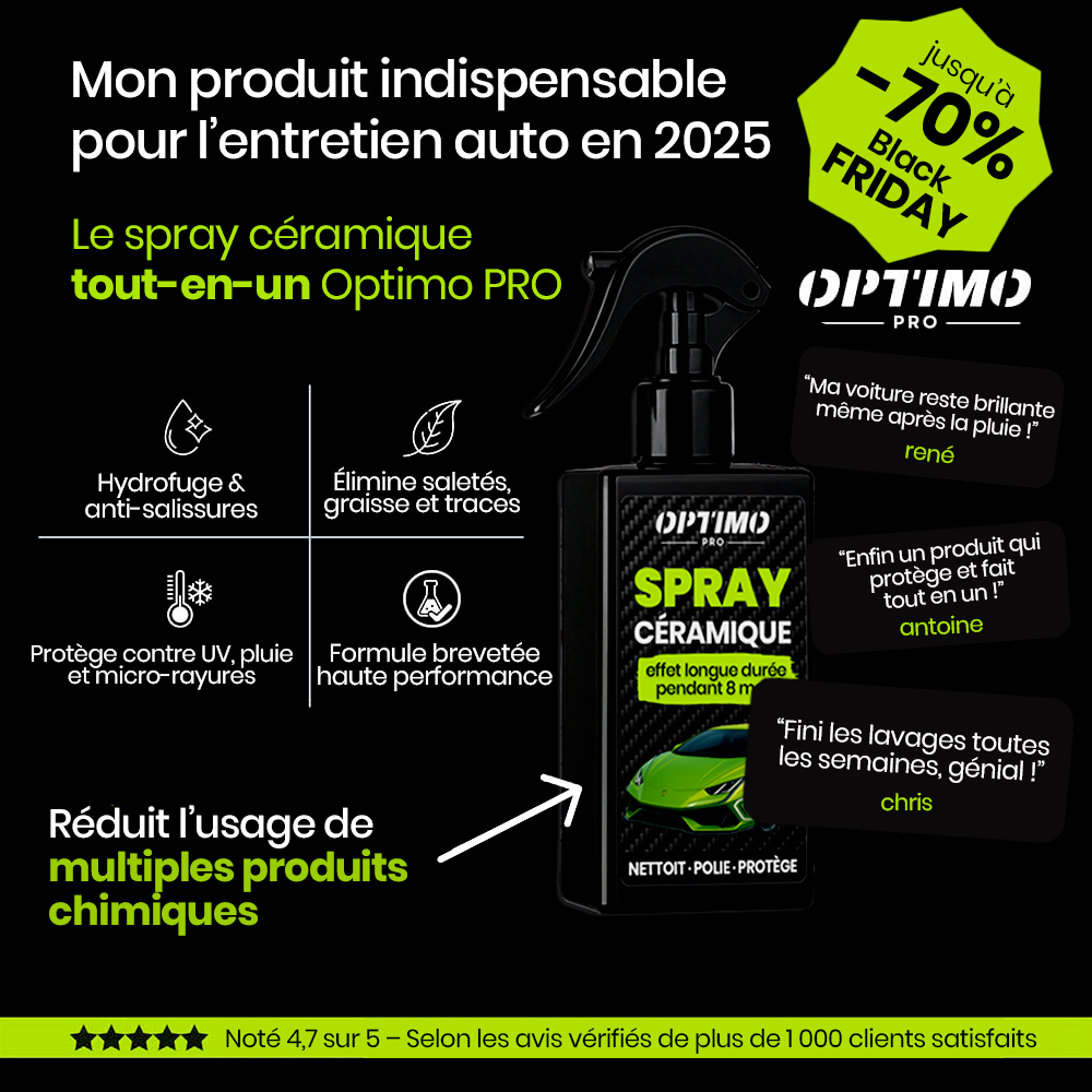 Spray Céramique Optimo™ PRO – traitement protecteur pour carrosserie, effet déperlant longue durée et brillance miroir. Offre Black November jusqu’à -70 %.